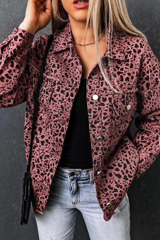 Long Sleeve Button-down Pink Leopard Print Denim Jean Jacket Insulated Jacket Fitted Jacket Loose Jacket Long Sleeve Button-down Pink Leopard Print Denim Jean Jacket Insulated Jacket Fitted Jacket Loose Jacket