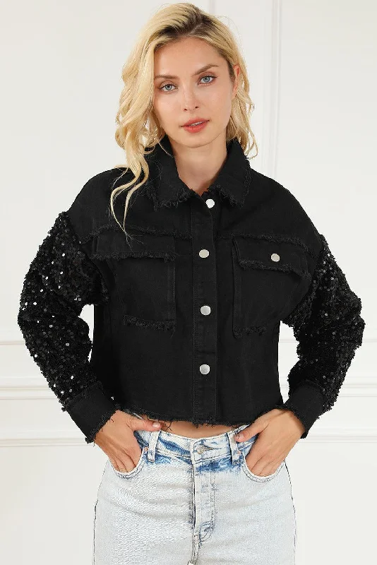 Sequin Button Up Raw Hem Denim Jacket Denim Jacket Leather Jacket Suede Jacket