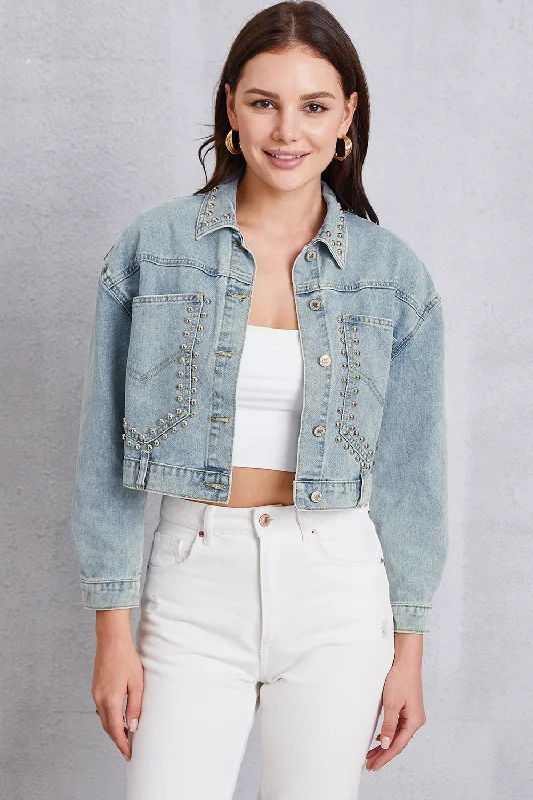 Studded Dropped Shoulder Denim Jacket Nylon Jacket Polyester Jacket Spandex Jacket