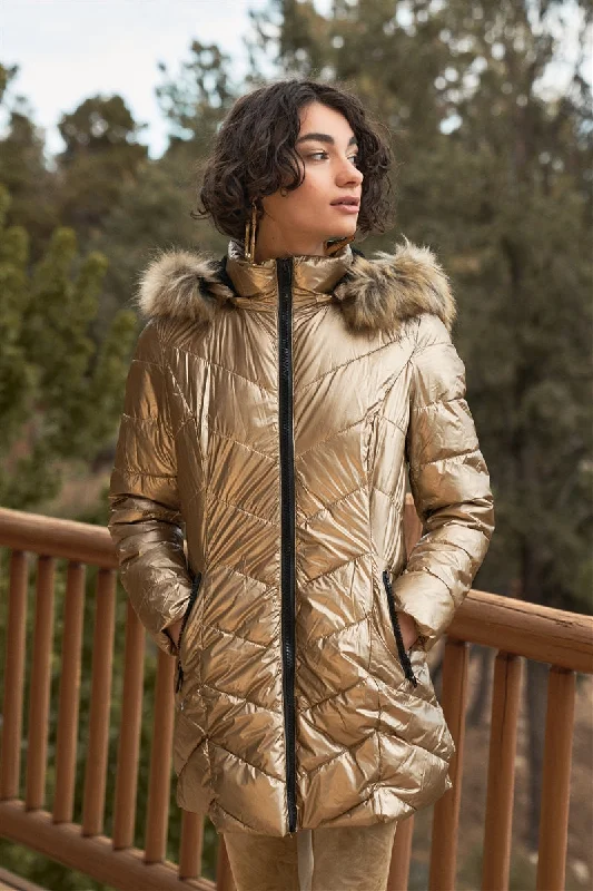 Vinyl Glossy Finish Fitted Faux Fur Hood Chevron Padded Puffer Jacket Satin Jacket Silk Jacket Chiffon Jacket