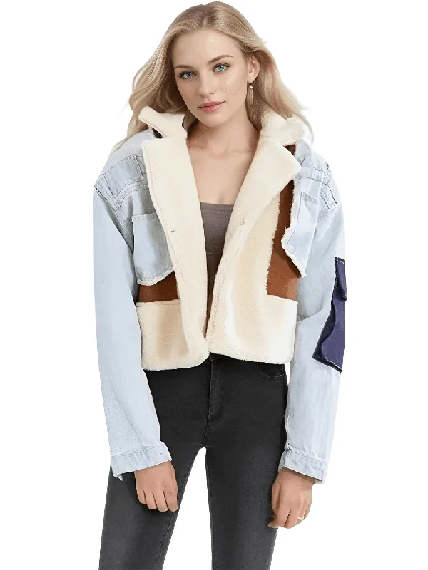 Women's Patchwork Lamb's Wool & Denim Jacket Notch Collar Jacket Peter Pan Collar Jacket Cowl Neck Jacket Women's Patchwork Lamb's Wool & Denim Jacket Notch Collar Jacket Peter Pan Collar Jacket Cowl Neck Jacket