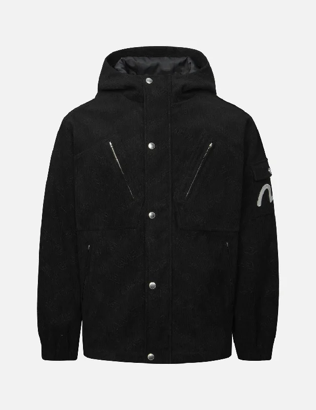 Allover Deboss Logo and Seagull Embroidery Loose Fit Hooded Corduroy Jacket Snapped Jacket Toggled Jacket Drawstring Jacket Allover Deboss Logo and Seagull Embroidery Loose Fit Hooded Corduroy Jacket Snapped Jacket Toggled Jacket Drawstring Jacket