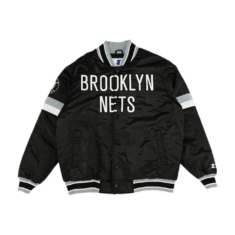 Black Brooklyn Nets Striped Varsity Jacket Zippered Front Buttoned Front Snap Front Black Brooklyn Nets Striped Varsity Jacket Zippered Front Buttoned Front Snap Front