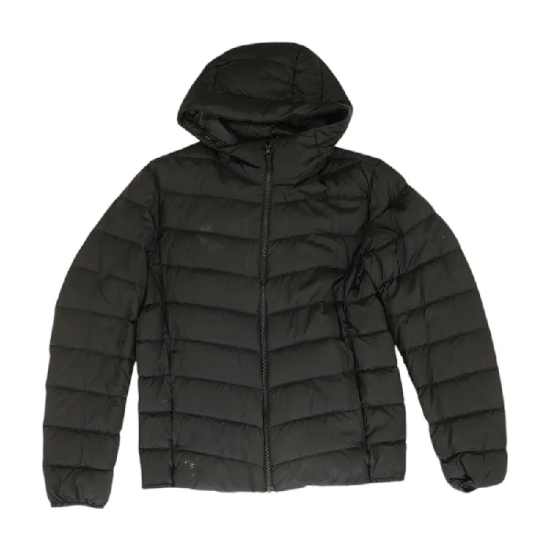 Black Solid Puffer Jacket Tiered Jacket Buttoned Jacket Zippered Jacket