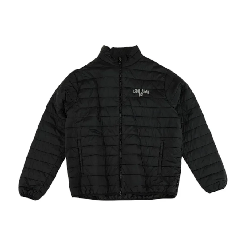 Black Solid Puffer Jacket Zip Front Button Front Snap Front