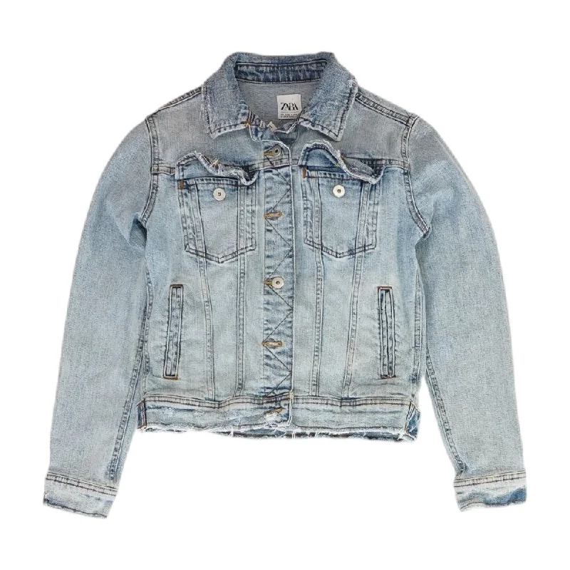 Blue Solid Denim Jacket Zippered Jacket Buttoned Jacket Snapped Jacket