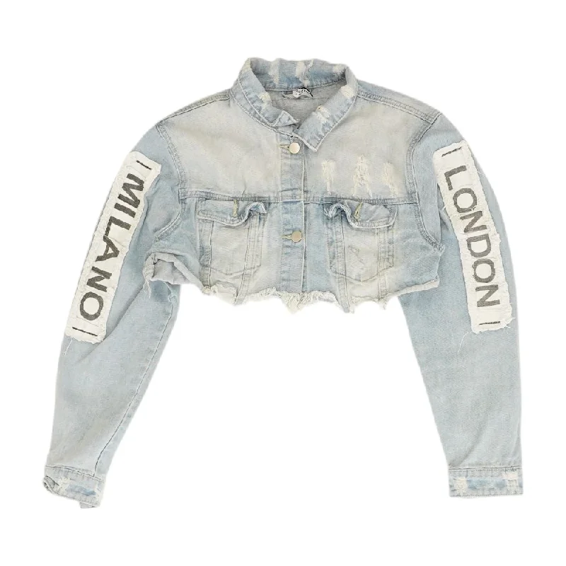 Blue Solid Denim Jacket Zip Front Button Front Snap Front