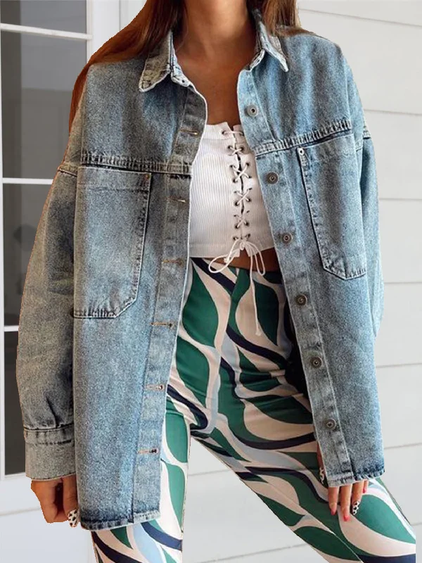 Button Down Collared Neck Denim Jacket Cotton Fabric Linen Fabric Terry Fabric
