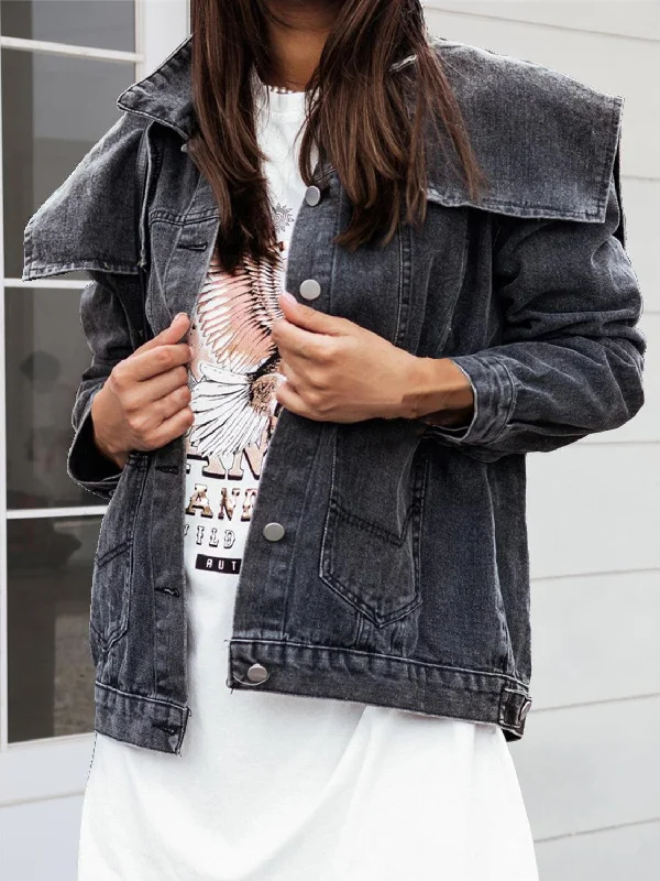 Collared Neck Button Down Denim Jacket Denim Fabric Leather Fabric Suede Fabric