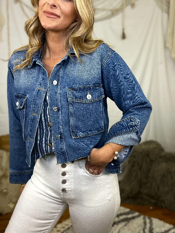 Cropped Patch Pocket Denim Jacket Bomber Jacket Anorak Windbreaker
