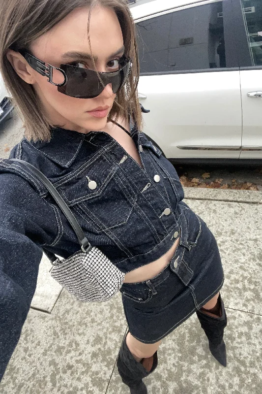 DENIM JACKET AND SKIRT SET Welt Pockets Slit Pockets Flap Pockets