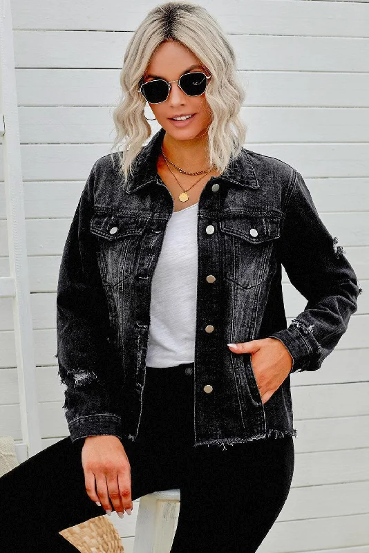 Distressed Raw Hem Denim Jacket Herringbone Jacket Houndstooth Jacket Plaid Jacket