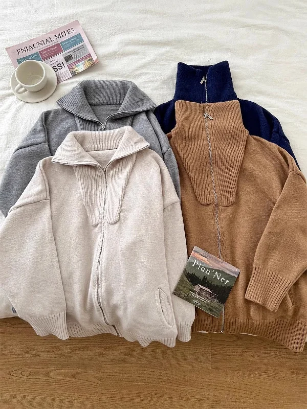 double zipper knitted cardigan long-sleeved sweater jacket     S4764 Oversized Jacket Tailored Jacket Straight Jacket