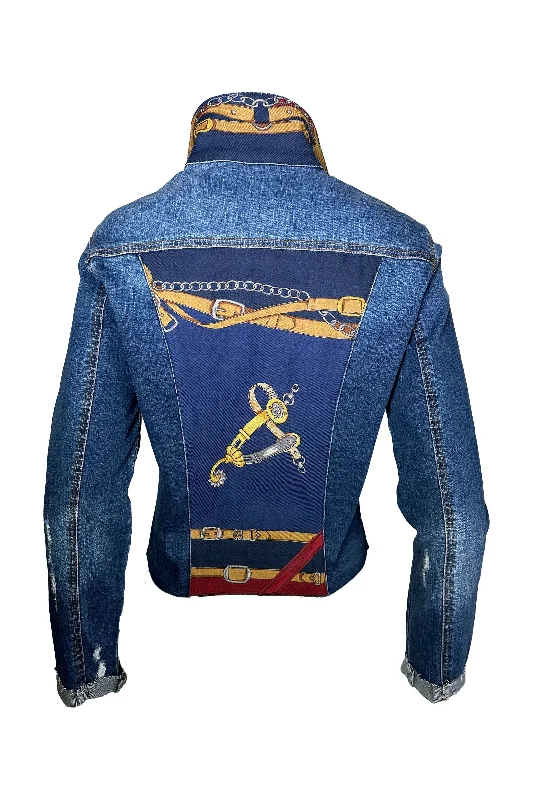One Of A Kind Designer Scarf Jean Jacket | Denim/Gucci - Straps on Navy Quilted Jacket Puffer Jacket Insulated Jacket One Of A Kind Designer Scarf Jean Jacket | Denim/Gucci - Straps on Navy Quilted Jacket Puffer Jacket Insulated Jacket