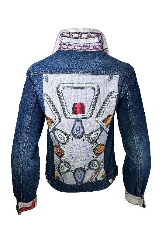 One Of A Kind Designer Scarf Jean Jacket | Denim/Hermès - Kaleidescope Lace Jacket Ribbed Jacket Sequined Jacket One Of A Kind Designer Scarf Jean Jacket | Denim/Hermès - Kaleidescope Lace Jacket Ribbed Jacket Sequined Jacket
