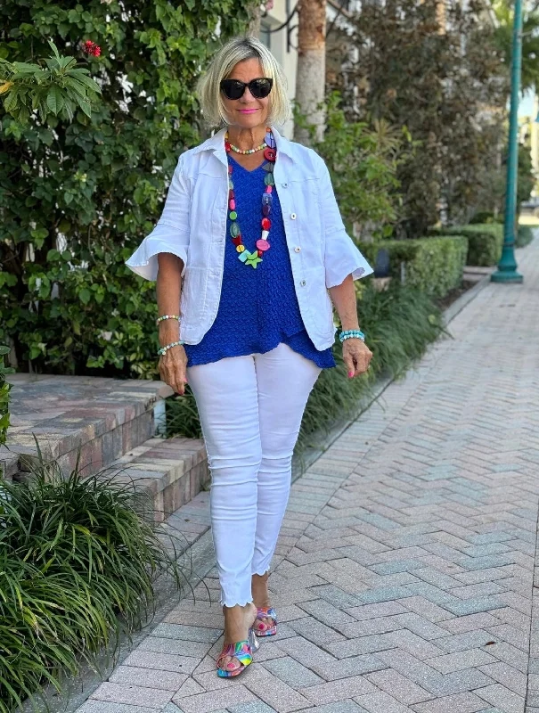 SOUTH BEACH DENIM WHITE JACKET Notch Collar Peter Pan Collar Cowl Neck