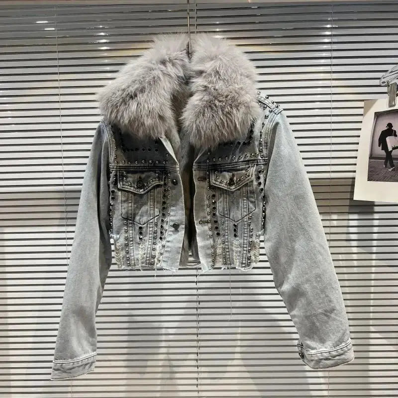 FZ Women's High Street Single-breasted Fox Fur Collar Rivet Liner Denim Jacket Plaid Jacket Tartan Jacket Houndstooth Jacket FZ Women's High Street Single-breasted Fox Fur Collar Rivet Liner Denim Jacket Plaid Jacket Tartan Jacket Houndstooth Jacket