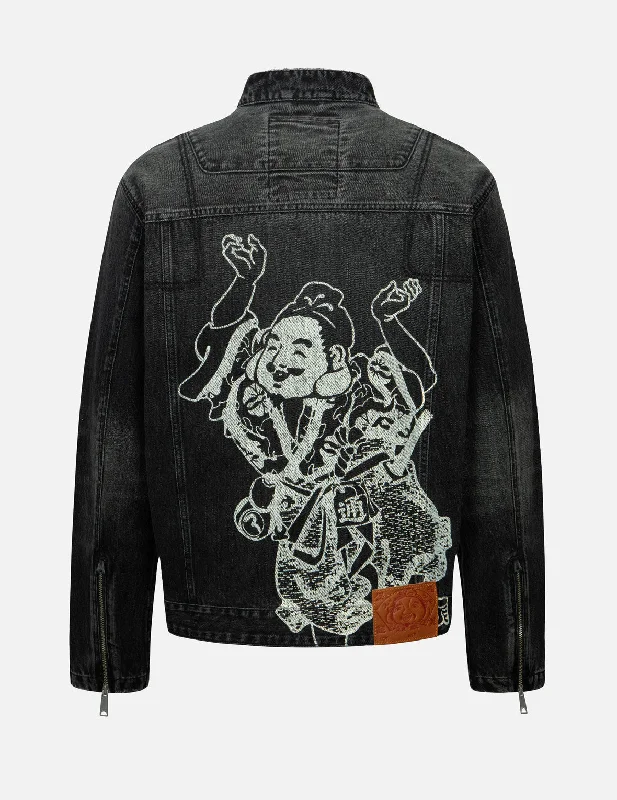 Godhead Print Relax Fit Biker Denim Jacket Chenille Fabric Brocade Fabric Lace Fabric