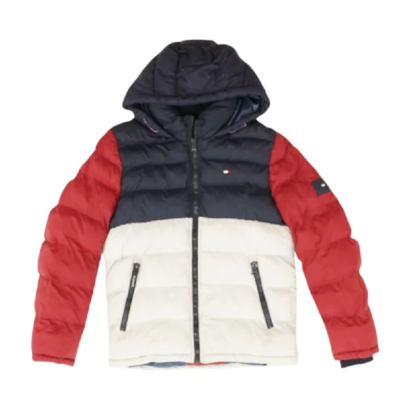 Navy Color Block Puffer Jacket Zip Front Button Front Snap Front
