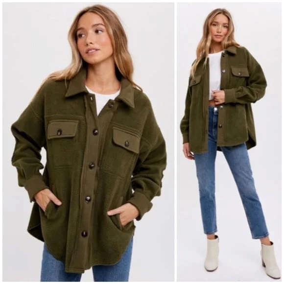 Olive Green Button Front Fleece Jacket W/ Elbow Patches & Pockets Winter Shacket Anorak Shell Jacket Lightweight Jacket Olive Green Button Front Fleece Jacket W/ Elbow Patches & Pockets Winter Shacket Anorak Shell Jacket Lightweight Jacket