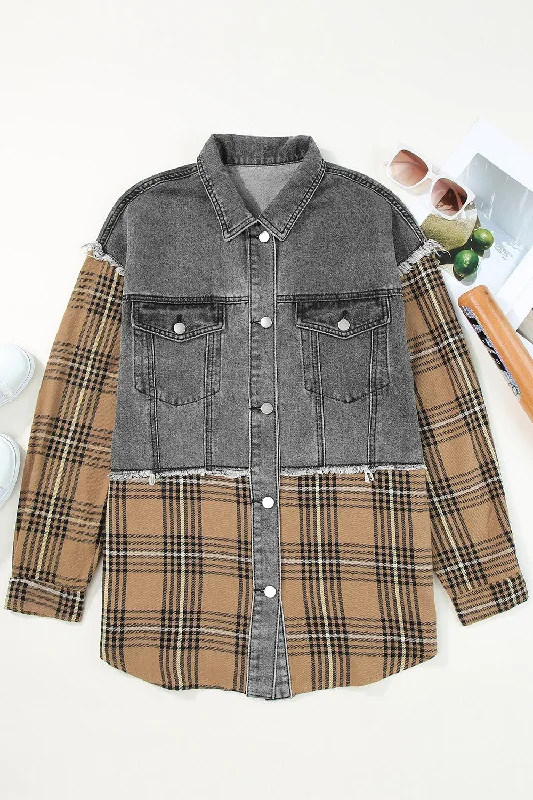 Plaid Raw Hem Button Up Denim Jacket Tailored Jacket Straight Jacket A-Line Jacket