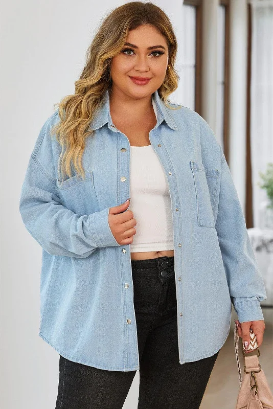Plus Size Snap Down Pocketed Denim Jacket Jacket Blazer Coat