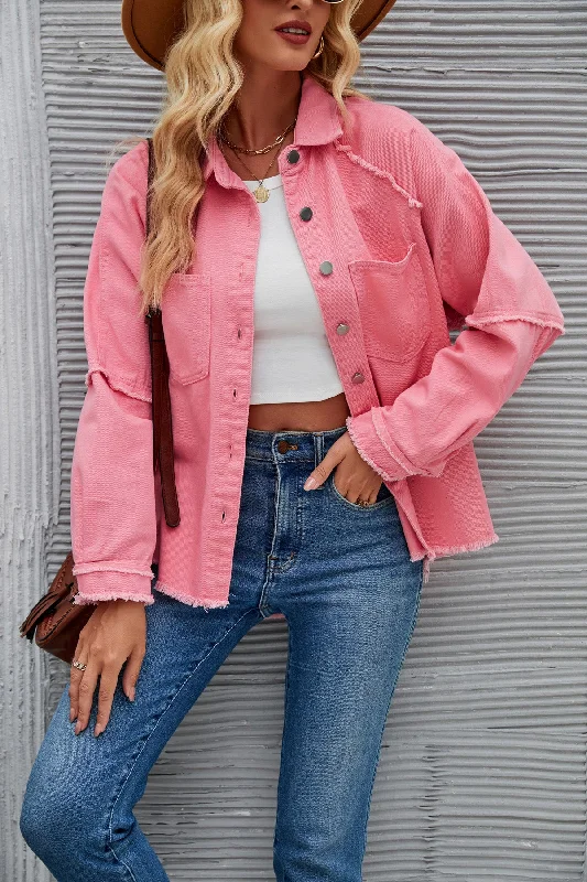 Raw Hem Pocketed Button Up Denim Jacket Notch Collar Peter Pan Collar Cowl Neck