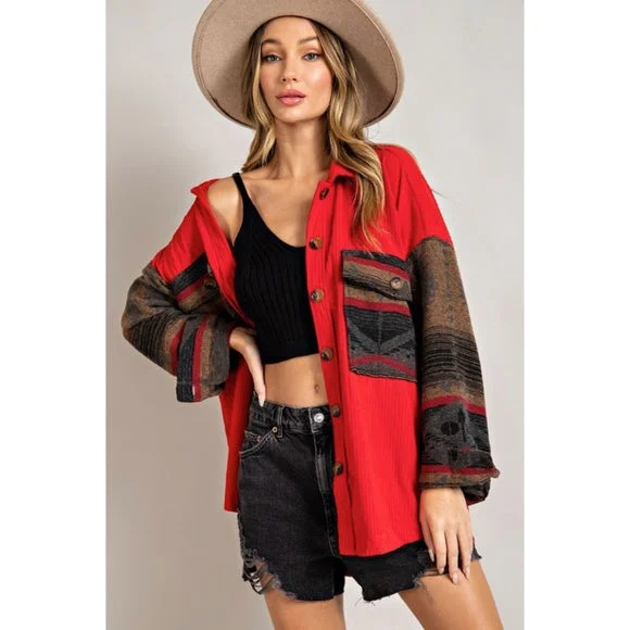 Red Corduroy Aztec Tribal Western Printed Shacket Shirt Jacket Hooded Jacket Caped Jacket Shawl Collar Jacket Red Corduroy Aztec Tribal Western Printed Shacket Shirt Jacket Hooded Jacket Caped Jacket Shawl Collar Jacket