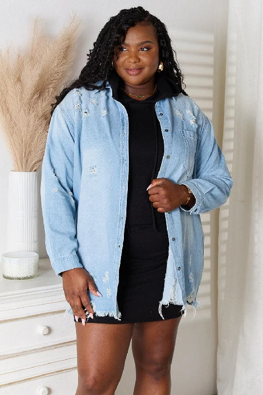 RISEN Full Size Distressed Raw Hem Denim Jacket Jersey Jacket Tulle Jacket Batik Jacket RISEN Full Size Distressed Raw Hem Denim Jacket Jersey Jacket Tulle Jacket Batik Jacket