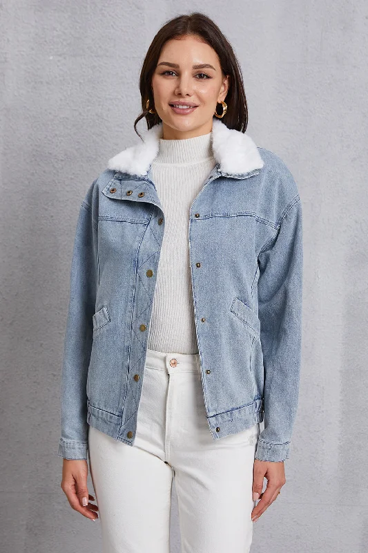 Snap Down Collared Neck Denim Jacket Notch Collar Peter Pan Collar Cowl Neck