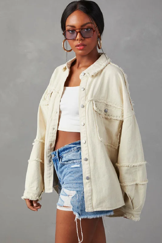 Long Sleeve Button-down Denim Jacket/Shacket Toggled Jacket Drawstring Jacket Belted Jacket