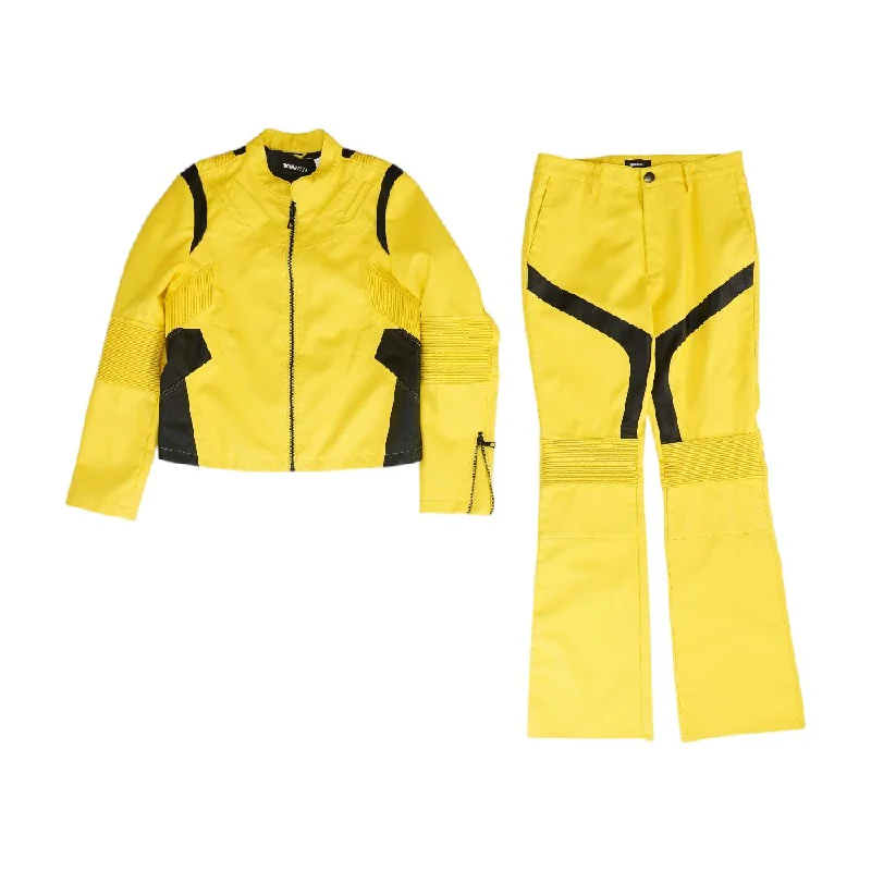 Yellow Color Block Faux Leather Jacket Set Knit Fabric Woven Fabric Fleece Fabric