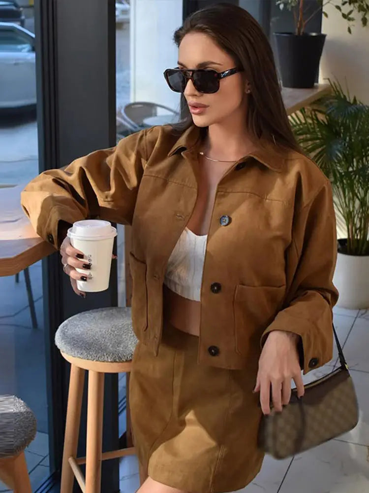 Zjkrl - Suede Short Jacket Mini Skirt Set Women Fashion Lapel Single Breasted Slim Coat A-line Skirts Autumn Lady Commute Outfit Zippered Jacket Buttoned Jacket Snapped Jacket Zjkrl - Suede Short Jacket Mini Skirt Set Women Fashion Lapel Single Breasted Slim Coat A-line Skirts Autumn Lady Commute Outfit Zippered Jacket Buttoned Jacket Snapped Jacket