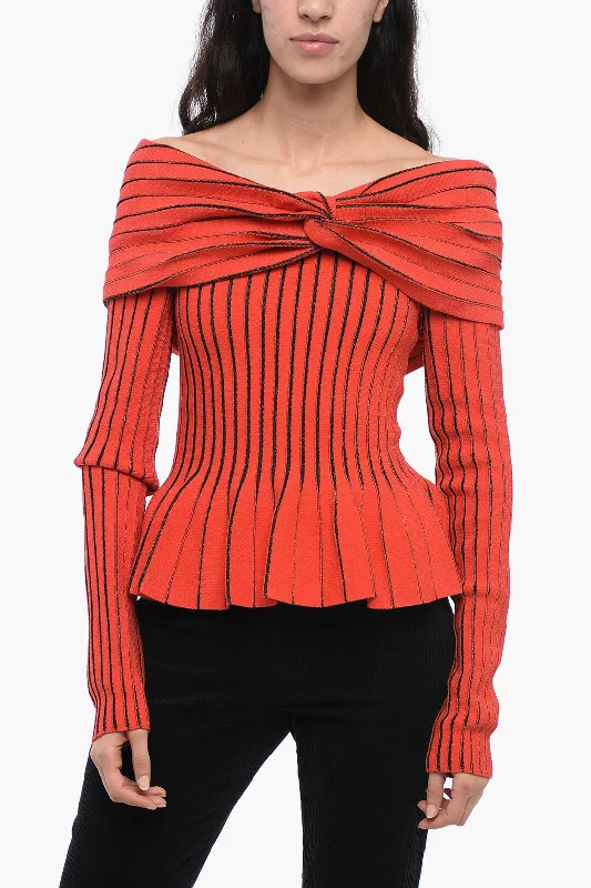 Balmain Knotted Detail Off-Shoulder Sweater Glossy Satin Silk