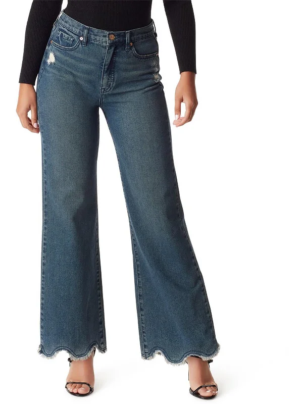 Codie Womens High Rise Raw Hem Wide Leg Jeans Casual Distressed Denim Jeans