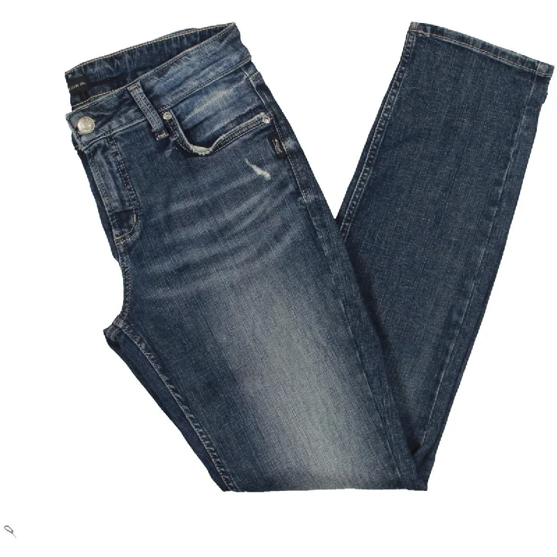 Elyse Womens Mid-Rise Distressed Straight Leg Jeans Fashionable Frayed Hem Denim
