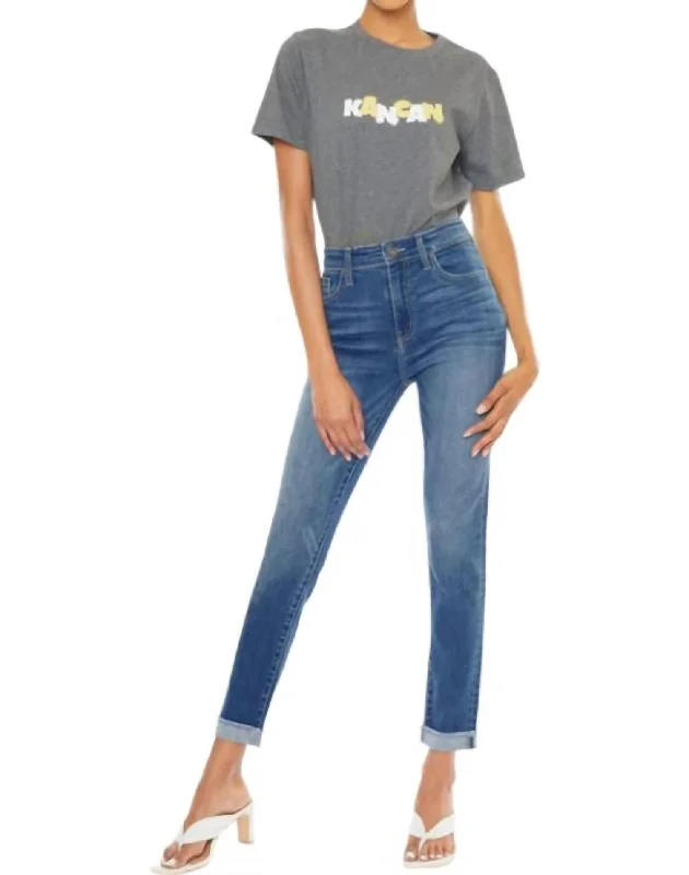 Janice High Rise Cigarette Leg Jeans In Medium Wash Trendy Cut-Off Denim Shorts