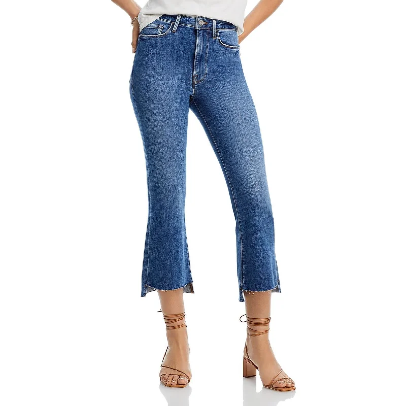 Le Crop Womens Raw Hem Denim Flared Jeans Casual Distressed Skinny Jeans