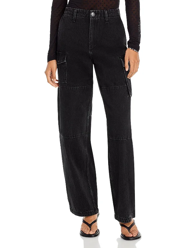 Nora Womens Featherweight Mid Rise Cargo Jeans Comfortable Folded Hem Jeans