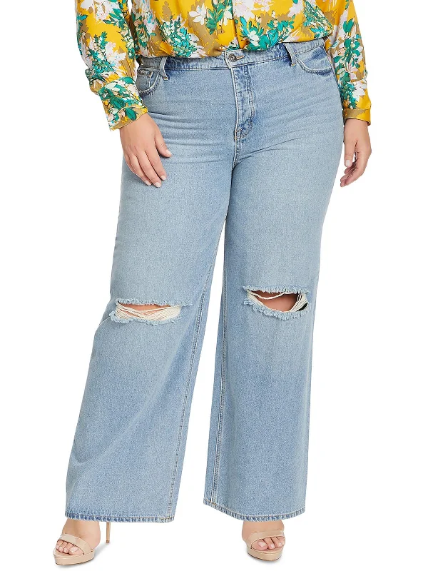 Plus Soulmate Womens Relaxed High Rise Wide Leg Jeans Elegant Raw Hem Jeans