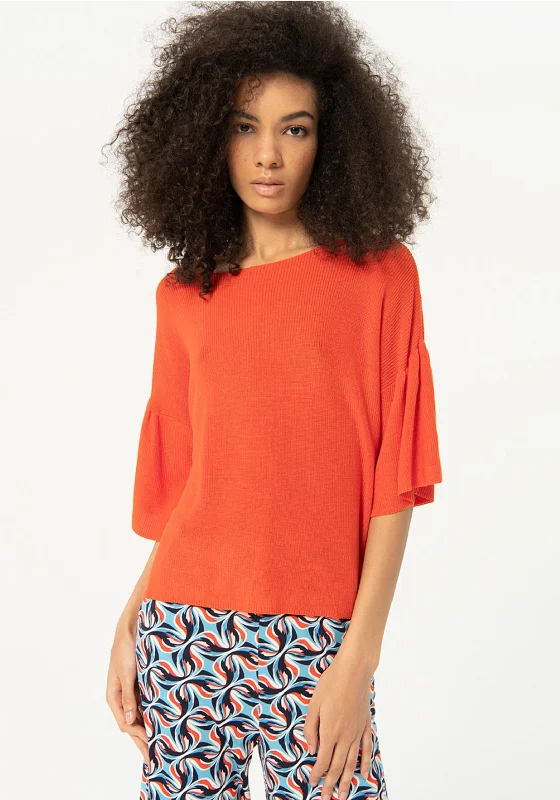 Surkana Ruffle Sleeve Knitted Sweater, Orange Fleece Sweater Nylon Polyester