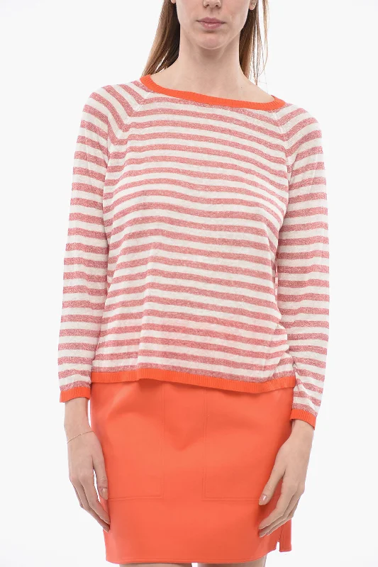 Whyci Striped Linen Blend Crew-neck Sweater Jersey Fabric Tulle Fabric Batik Fabric