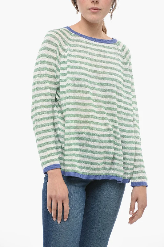 Whyci Striped Linen Blend Crew-neck Sweater Handmade Hand-knitted Hand-woven
