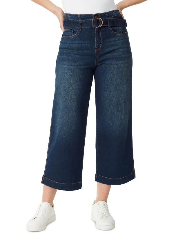 Womens Belted Wide Leg Cropped Jeans Elegant Skinny Leg Jeans