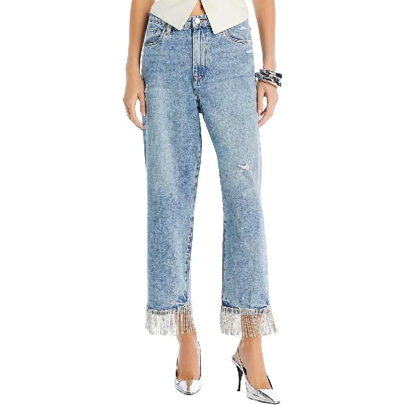Womens Destroyed Light Wash Straight Leg Jeans Chic Vintage-Inspired Denim Jeans