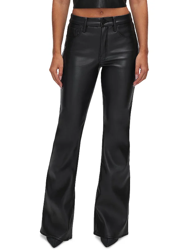 Womens Faux Leather Flared Jeans Casual Wide-Legged Denim Jeans