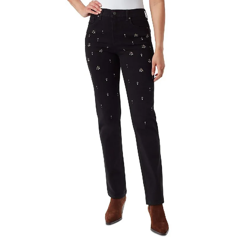 Womens High Rise Embellished Ankle Jeans Comfortable Distressed Straight-Leg Jeans