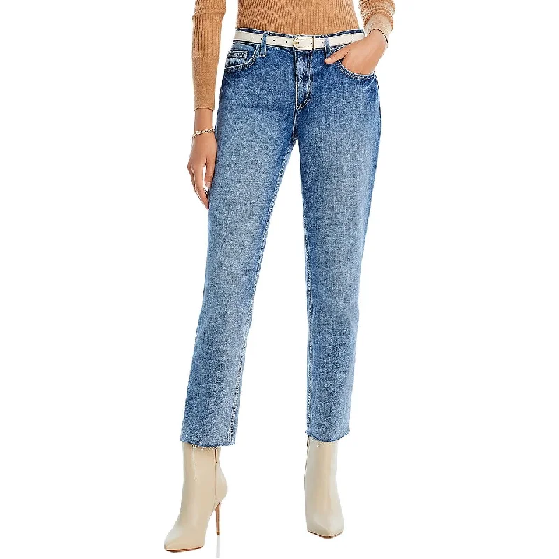 Womens High Rise Raw Hem Straight Leg Jeans Casual Wide-Legged Denim Jeans