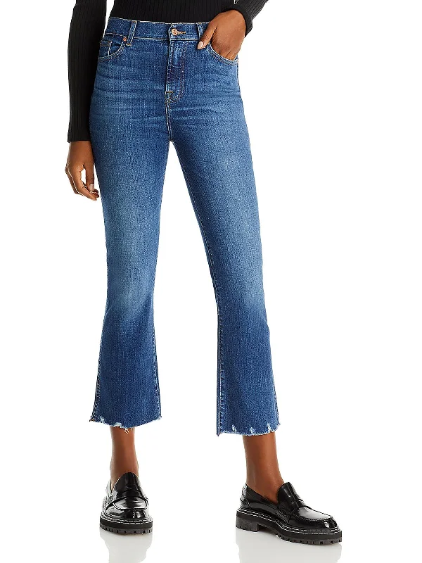 Womens High-Waist Frayed Hem Cropped Jeans Trendy Low-Rise Slim Jeans