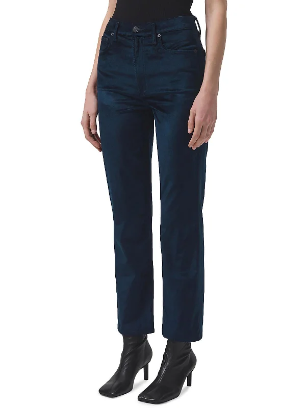 Womens Velvet High Rise Straight Leg Jeans Trendy Pleated Waist Jeans